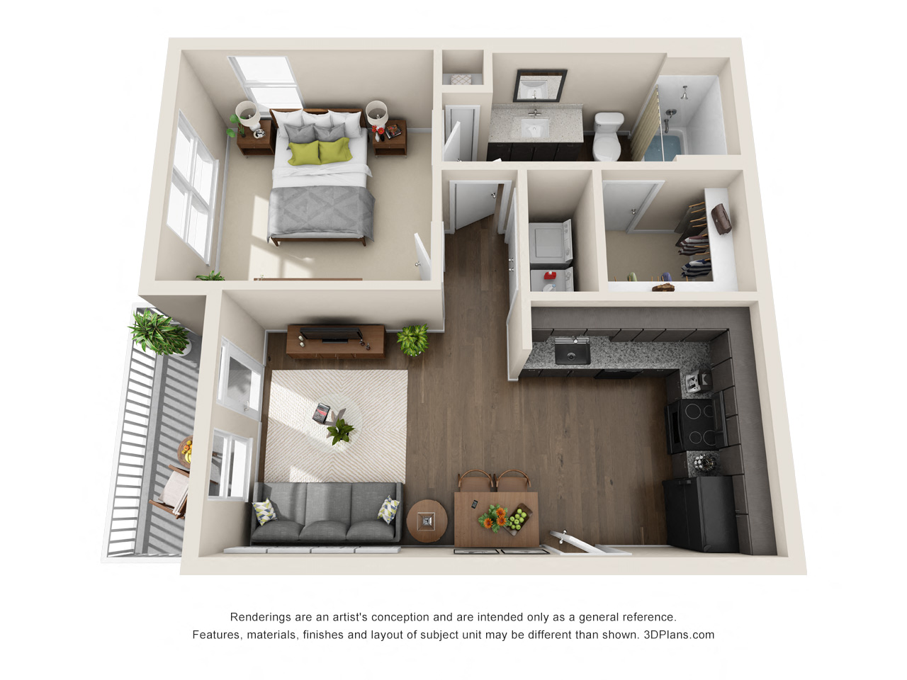 Floor plan for 1 bed, 1 bath, 613 sqft